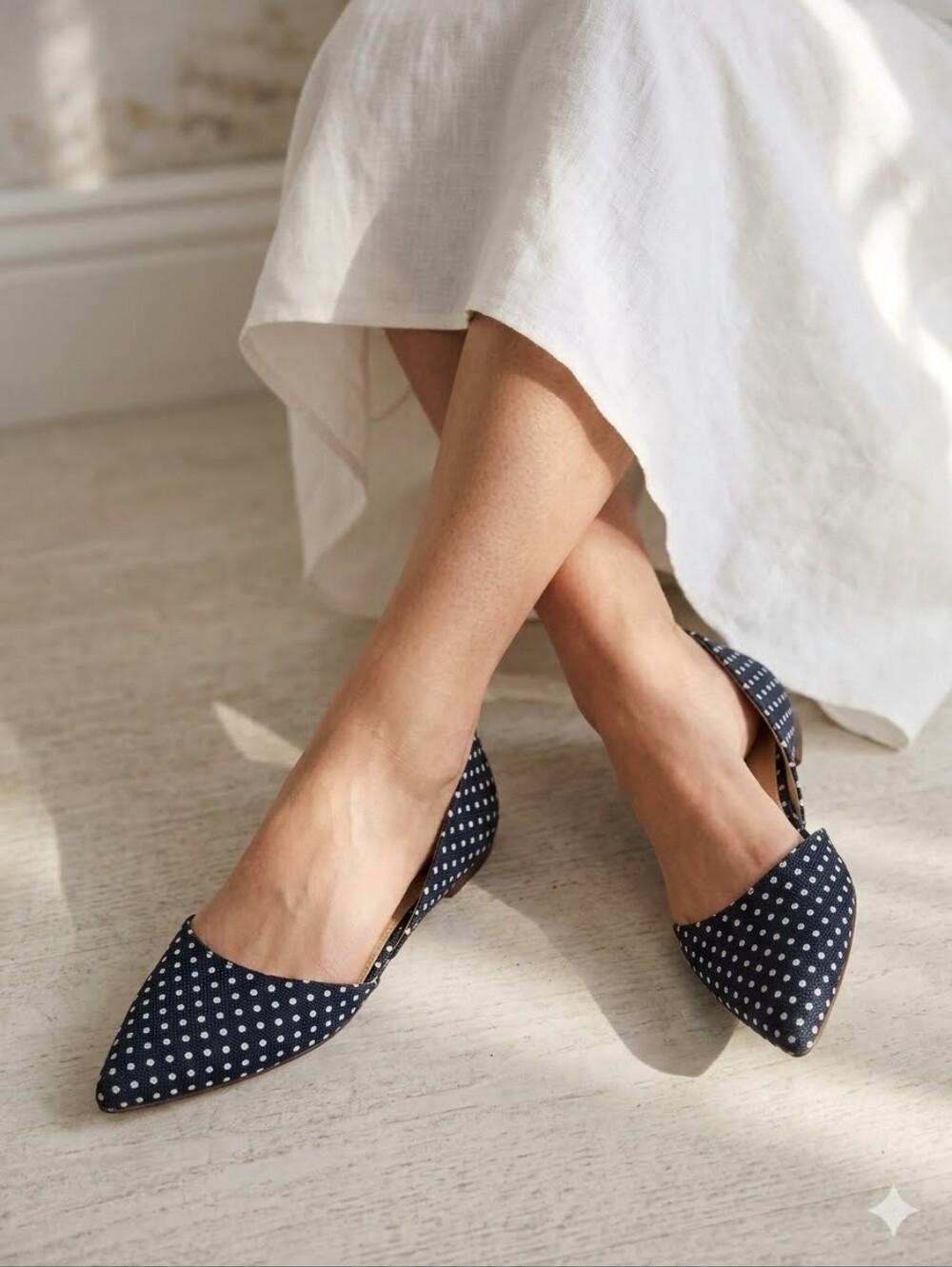 J. Crew Navy Denim Polka Dot Pointed Toe D'Orsay Preppy Flats 7
